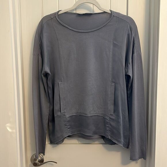 Go Silk Gray Boxy Oversized Long Sleeve Woven Silk and Knit Gray Top, Size XS - Picture 1 of 8